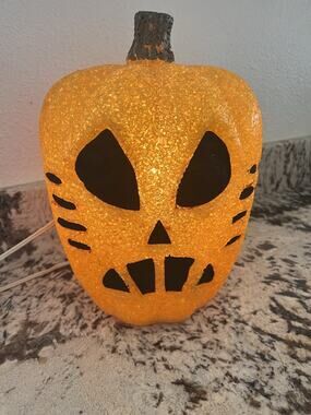 Seasons Melted Bead Popcorn Lightup Jack-O-Lantern Pumpkin Tiki Cat 12” Vintage